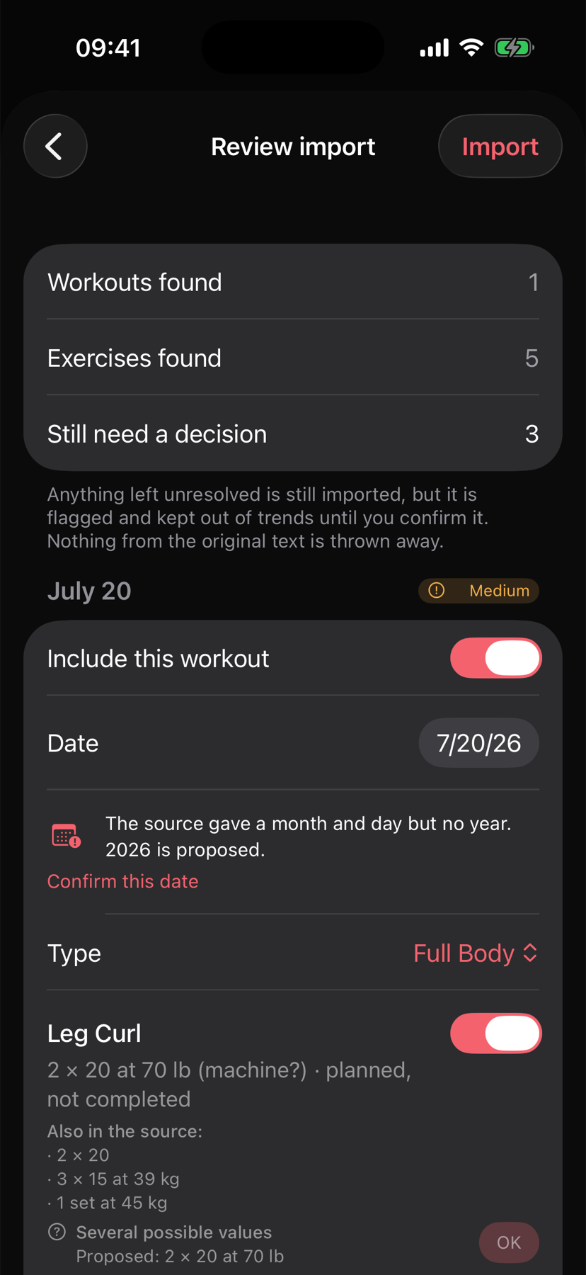 The import review screen, showing an imported workout flagged because some values are still unconfirmed.