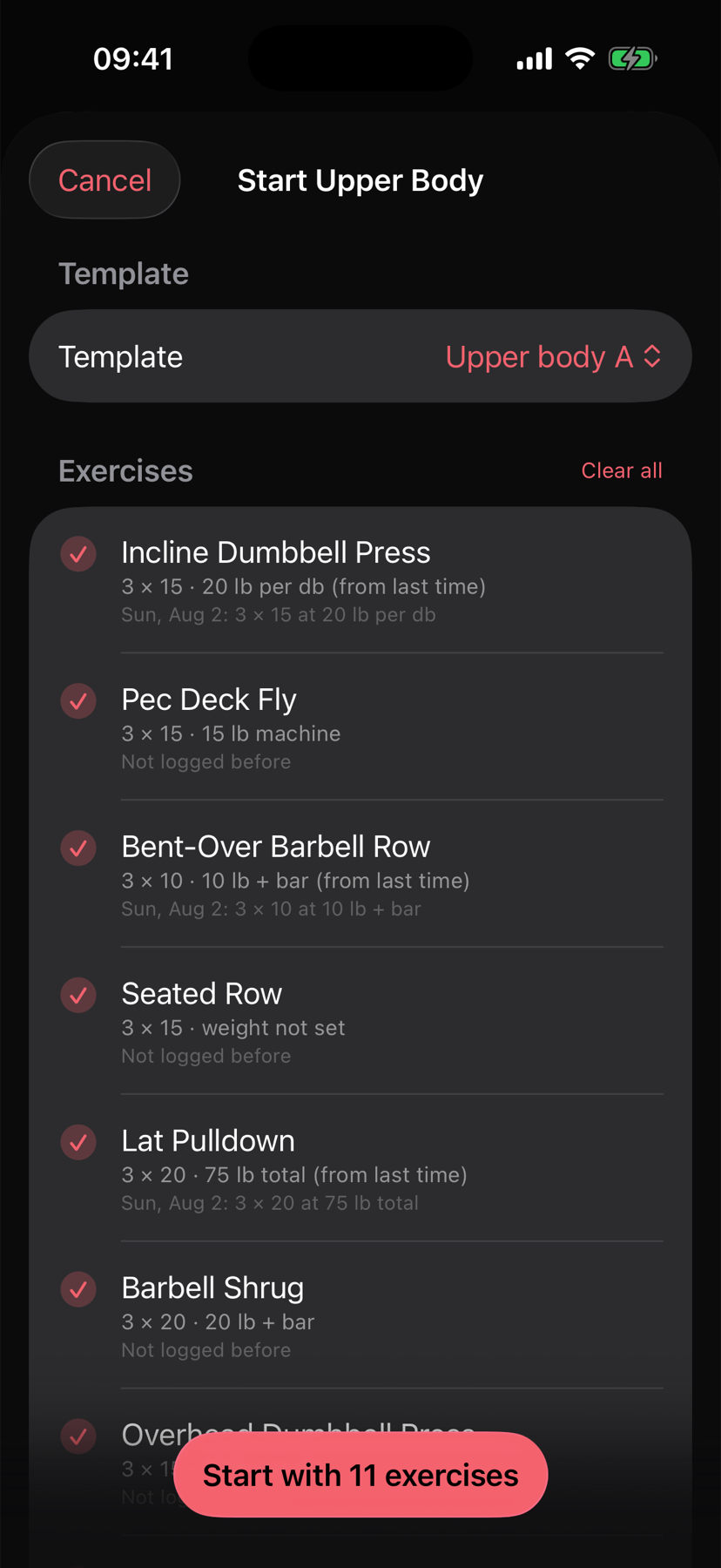 Starting an upper body workout in GymAnna, with a template chosen and eleven exercises listed ready to be ticked off.